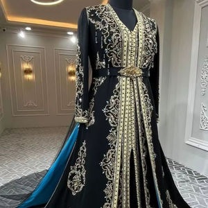 2025 @ Hermoso caftán Takchita negro argelino con vestido de velo con piedra embellecida, Dabka, trabajo de perlas Dabka para boda - Product Image 1