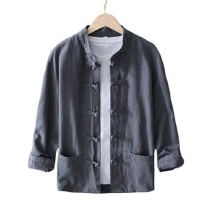 Camisa de Hombre Casual de Manga Larga, Tejido de Lino y Algodón, Cuello Mao, Corte Holgado, Transpirable, para Primavera - Product Image 2