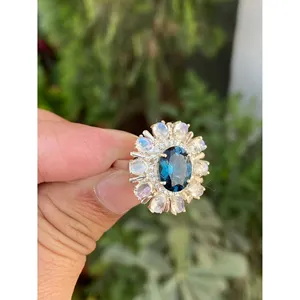 925 Silver London Blue Topaz <b>Moonstone</b> <b>Ring</b> Geometric Marquise Design Rhodium Plating for Everyday Wear IGI Certified Gemstone - Product Image 1