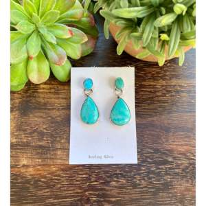 Navajo Handmade Royston Turquoise & Sterling Silver Drop <b>Earrings</b> <b>Post</b> Dangle Water Drop Design - Product Image 1