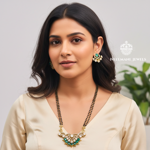 Elegant Green Emerald Stone Mangalsutra Necklace Traditional Bridal Black Bead Jewelry For Women Wedding Wear - Product Image 4