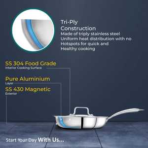 Poêles à frire à poignée rivetée en acier inoxydable de conception durable avec couvercle ustensiles de cuisine de qualité alimentaire facile à nettoyer argent exotique brillant - Product Image 6