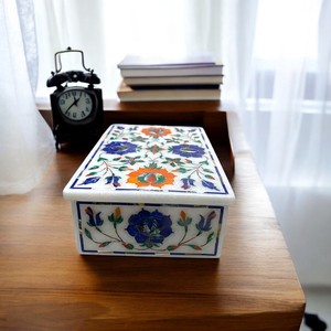 Traditional Marble Jewelry Storage <b>Box</b> Handmade Semi Precious Inlay Design Ring <b>Collectible</b> Gifts Art - Product Image 1