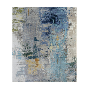 Tapis en laine et soie de bambou noués à la main Kavi gris et noir - Esk-439 pour la décoration intérieure, la salle à manger et les projets extérieurs - Product Image 1