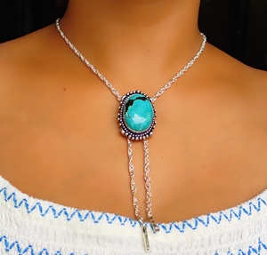 Collar Chapado en Plata al por Mayor con Cadena, Joyería de Moda para Mujer, Colgantes con Bisel de Turquesa Tibetana Natural - Product Image 2