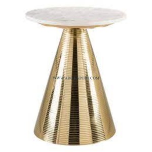 Mesa auxiliar de metal dorado pulido con tapa de mármol blanco para interior y exterior, mesa auxiliar de metal de gran tamaño con forma redonda a precio mayorista - Product Image 1