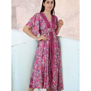 Summer Graceful Long Midi <b>Dress</b> Pink Evening Cocktail V-Neck Short Sleeve Silk Blend Wedding Guest <b>Dress</b> - Product Image 6