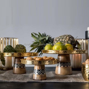 Soporte de pastel de cumpleaños de nácar hecho a mano de latón, Juego de 2 formas redondas, soporte de postre de madera de diferentes tamaños de la India - Product Image 4