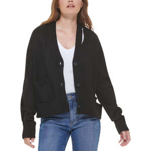 Cardigan da Donna Calvin Klein con Scollo a V Traforato, Nero, Taglia Grande - in Acrilico e Lana Jacquard Lavorato all'Uncinetto, Casual per Primavera Estate Inverno - Product Image 1