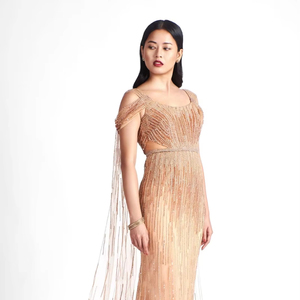 Crepé hasta el suelo A-Line vestido de noche con cuentas trabajo hecho a mano perlas bordadas antiestático ecológico Formal Prom vestido de cóctel - Product Image 1