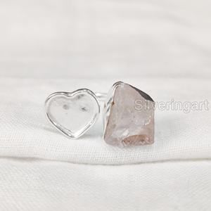 Joyería de piedra en bruto, anillo para mujer, piedra preciosa de cuarzo rosa crudo Natural, piedra natal de abril, anillo ajustable con corazón, anillo de Plata de Ley 925 - Product Image 4