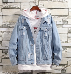 Sweat à capuche à col polo et demi-fermeture éclair en denim vintage OEM High Street Veste patchwork à coupe ample pour hommes Col à capuche en tissu - Product Image 5