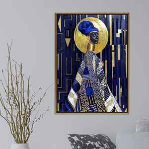 Tableau sur toile élégant Femme Royale Africaine : Glamour Géométrique Bleu & Or, TOILE ENCARTÉCHÉE DORÉE - Product Image 1
