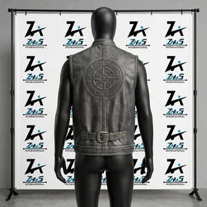 Gilet en cuir PU pour homme, style motard, col montant, fermeture éclair, couleur unie, vêtement d'extérieur pour l'automne, vente en gros - Product Image 3