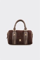 Tas Tangan Suede Boston Logo Kustom untuk Wanita, Tas Jinjing Pegangan Atas, ODM OEM Label Pribadi