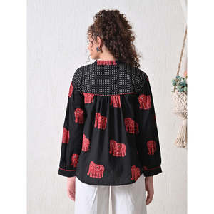 Oversized Handblock Printed <b>Shirt</b> 100% Cotton Mandarin Collar Style For Effortless Boho Look - Product Image 4