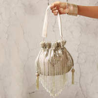 Sac Potli Durable pour Femme avec Broderie, Perles, Motifs Géométriques, Pompons et Chaînes, Pochette Ethnique Bohème, Cadeau de Mariage Indien