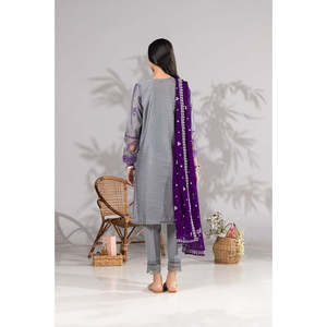 Conjunto de Traje de 3 Piezas para Mujer en Color Morado, de Algodón Slub con Bordado - Product Image 2