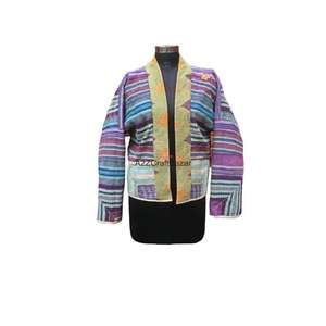 100% puro algodón tejido Kantha cuello alto hecho a mano Vintage chaqueta mujer botón todas las estaciones Reversible - Product Image 4