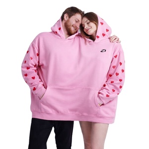 Sweats à capuche tendance en molleton de coton pour deux personnes, coupe oversize, imprimé cœur rose, streetwear, pull personnalisable en gros - Product Image 1