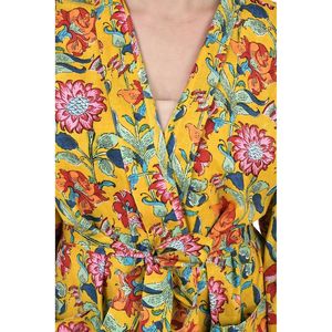 Bata de Casa Boho de Algodón Puro, Vestido de Verano Estampado a Mano Estilo Indio, Amarillo Mostaza, Rosa, con Estampado Floral, Atuendo de Lujo para Vacaciones en la Playa - Product Image 2