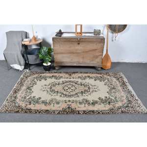 พรมขนสัตว์สีน้ำตาลเบจ7ft วินเทจ3.7ชิ้นงานแฮนด์เมดสไตล์คลาสสิกตุรกีมีดีไซน์เย็บปะติดปะต่อกันด้านหลังทำจากยางสำหรับใช้ข้างเตียง - Product Image 1