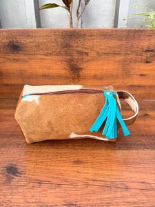 Neceser de piel de vaca con borla turquesa para mujer, bolso de cosméticos de cuero genuino occidental para almacenamiento de maquillaje - Product Image 2