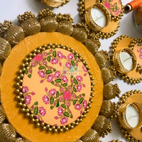 Ensemble de rangoli traditionnel en bois fait main avec porte-bougie chauffe-plat, décoration Diwali, centre de table, cadeau de mariage, souvenir de fête