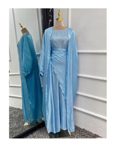 Summer Shiny 3-Piece Modesty Outfits <b>for</b> Ramadan <b>Eid</b> Silk Abaya Set Embroidery Kimono <b>Long</b> <b>Dress</b> Wrap Tie Skirt Pleated - Product Image 3