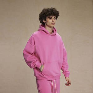 Streetwear hiver coton polaire chaud poids lourd lâche plaine côtelé ourlet goutte épaule hommes à capuche - Product Image 1