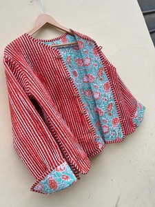 Indian Handmade Cotton <b>Jacket</b> Winter Wear Quilted Coat Reversible Stripe Piping <b>Jacket</b> <b>Women</b> Wear Indian Quilt Coat <b>Wedding</b> Gift - Product Image 6