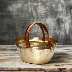 Seau à glace en laiton à motif martelé Approvisionnement direct d'usine Seau à glace nouveauté avec poignées en cuir - Product Image 4