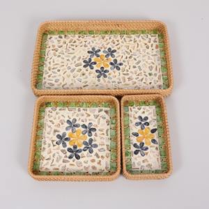 Plateaux de rangement vadrouille en rotin fabriqués à la main plateau à motif de coquillage mosaïque plateau en nacre - Product Image 6