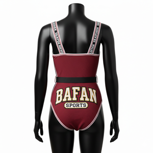 ชุดว่ายน้ำผู้หญิงผ้าโพลีเอสเตอร์ผสมสแปนเด็กซ์คุณภาพพรีเมียม สีแดงเลือดหมู แต่งแถบข้างสีขาว ปักโลโก้ตามสั่ง - Product Image 2