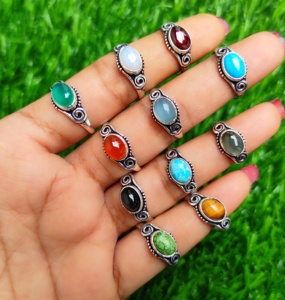 La Mayoría de tendencias, venta al por mayor, anillos de moda azul Vintage, mezcla Natural de piedras preciosas, joyería de latón impermeable chapada en plata esterlina - Product Image 3