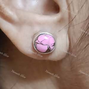 925 Sterling <b>Silver</b> <b>Stud</b> <b>Earrings</b> Minimalist Pink Turquoise Gemstone Ball Handmade Jewelry with Copper Posts - Product Image 2