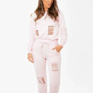 Ensemble de survêtement décontracté 2 pièces pour femme, effet délavé et usé, sweat-shirt et pantalon de jogging, coupe ample, style streetwear, idéal pour la gym, vente en gros - Product Image 5