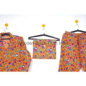 Femmes confortable été coton col en v col tournant pyjama ensemble bloc imprimé Floral Shorts vêtements de nuit vêtements de nuit 3 pièces ensemble - Product Image 4