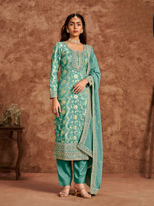 Juego Kurti de 3 piezas de seda Jacquard pura bordada pesada tradicional para adultos, festivo informal, para fiestas, celebraciones de Diwali - Product Image 4