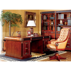 Dark Brown Solid Wood Rectangular Executive <b>Desk</b> with Bronze Ornament Trim and Sculpted Claw Details 1-Year Warranty - Product Image 1