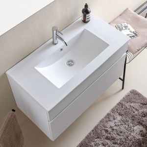 Meuble de salle de bain mural minimaliste en bois blanc de 90 cm, deux pièces, avec lavabo et ensembles de miroirs Shanghai - Product Image 4