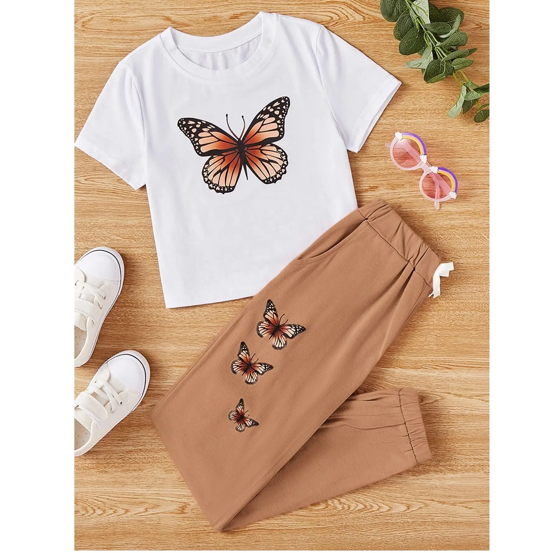 Conjunto de roupa para meninas de 2 a 12 anos, blusa e saia com estampa de borboletas