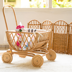 Chariot en rotin pour enfants, jouet de décoration de chambre d'enfant, poussette en rotin, jouet de fête - Product Image 6