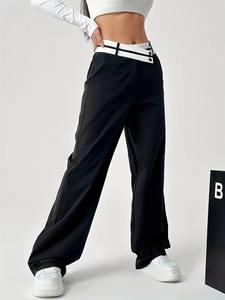 Pantalones rectos elegantes de cintura alta a la moda para mujer, pantalones de pierna recta adelgazantes Vintage de Color sólido informales para mujer - Product Image 4