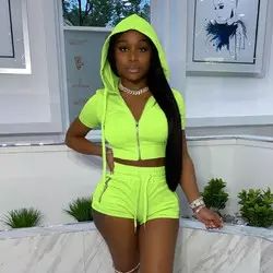 Women's Breathable Solid Casual Two Piece Set Zipper <b>Crop</b> <b>Top</b> High Waist <b>Shorts</b> Summer Matching Outfit Spandex/Polyester Front - Product Image 5