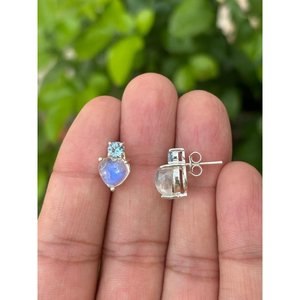 925 Sterling <b>Silver</b> Heart <b>Stud</b> Earrings with Moonstone & Aquamarine Gift - Product Image 2