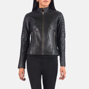 Veste en cuir de vache véritable pour femmes, vintage, mi-longue, manches longues, fermeture éclair, unie, noire, décontractée, respirante, vêtements d'extérieur OEM - Product Image 1