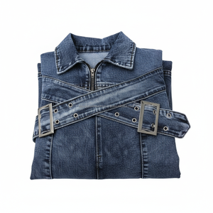 Nuevo conjunto de mezclilla de dos piezas para mujer, top corto sexy con cremallera y jeans acampanados con hebilla cruzada, conjunto de ropa urbana de 2 piezas - Product Image 6