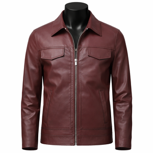 Veste zippée unie en similicuir bordeaux pour homme, coupe ajustée, style court, veste en cuir tendance pour homme - Product Image 1