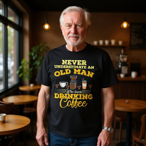Camiseta promocional para amantes del café: Nunca subestimes a un anciano con una adicción al café - Product Image 3